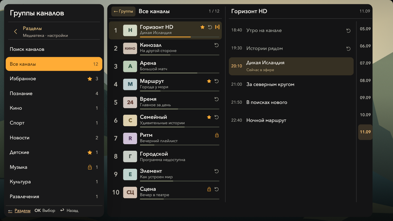 Экран плеера на телевизоре: группы каналов, список телеканалов и программа передач